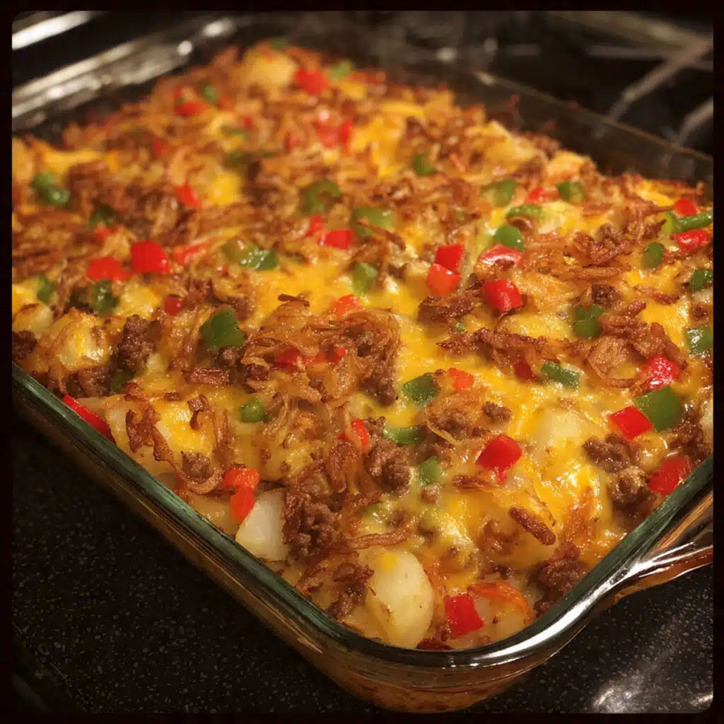 hearty hobo casserole in a white baking dish showing layers of seasoned ground beef, tender sliced potatoes, melted cheddar cheese, and crispy fried onions on top