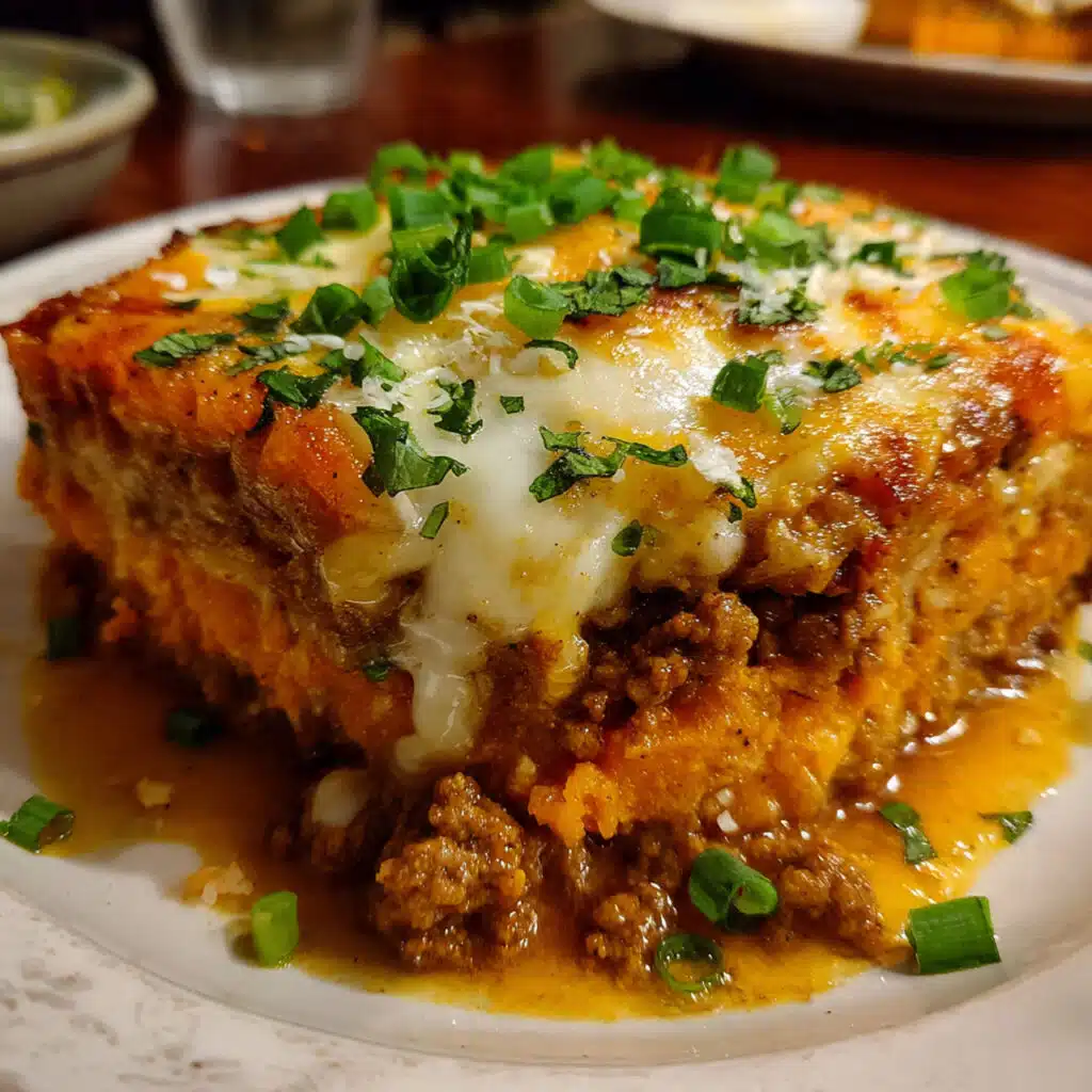Ground Turkey and Sweet Potato Bake topped with melted cheese and fresh herbs.