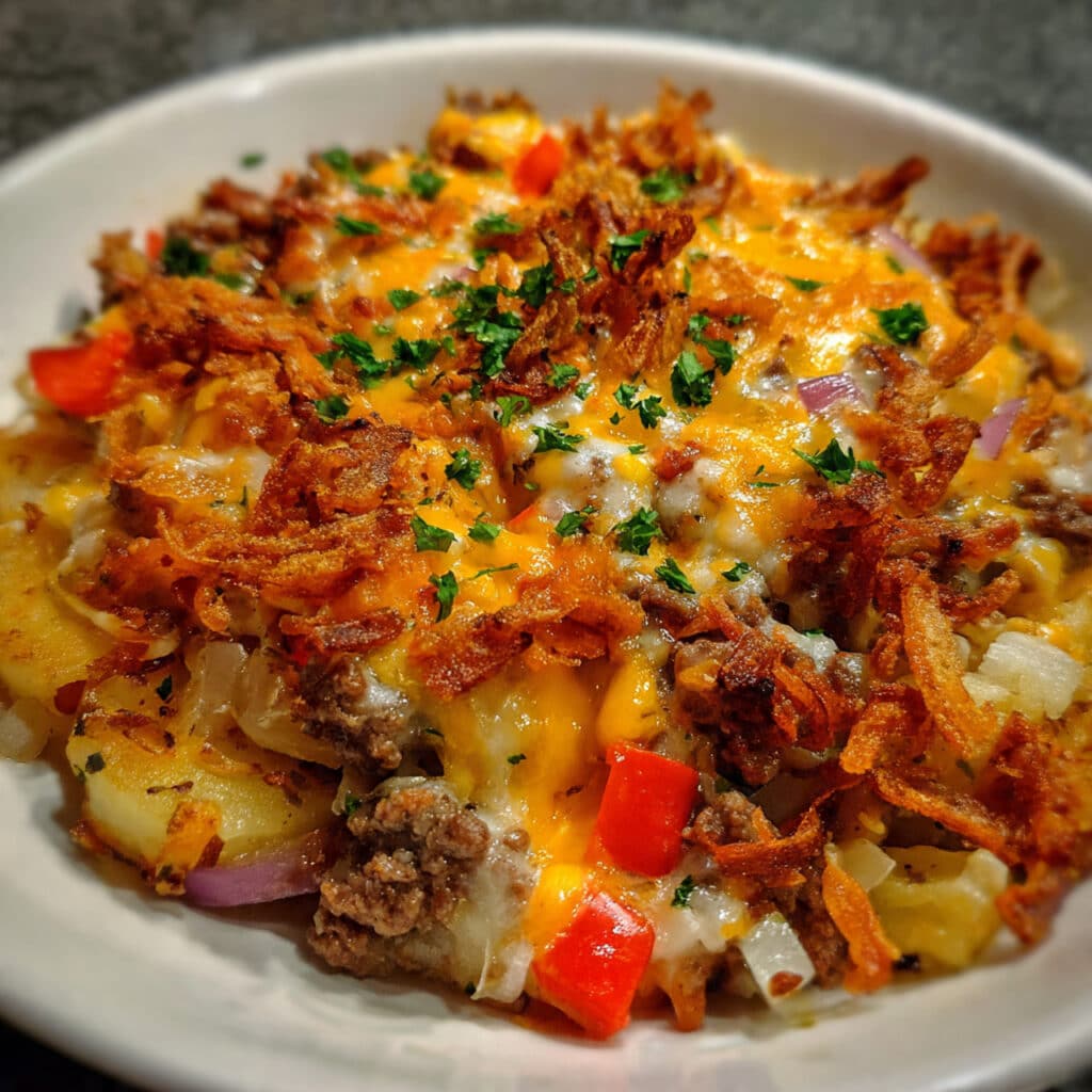 hearty hobo casserole in a white baking dish showing layers of seasoned ground beef, tender sliced potatoes, melted cheddar cheese, and crispy fried onions on top