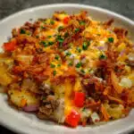 hearty hobo casserole in a white baking dish showing layers of seasoned ground beef, tender sliced potatoes, melted cheddar cheese, and crispy fried onions on top