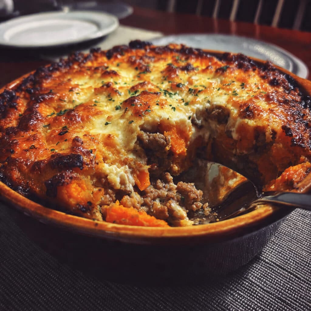 Ground Turkey and Sweet Potato Bake topped with melted cheese and fresh herbs.