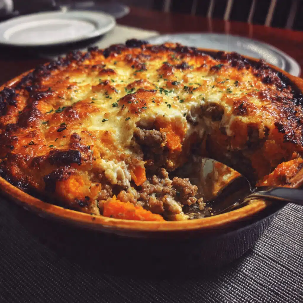 Ground Turkey and Sweet Potato Bake topped with melted cheese and fresh herbs.
