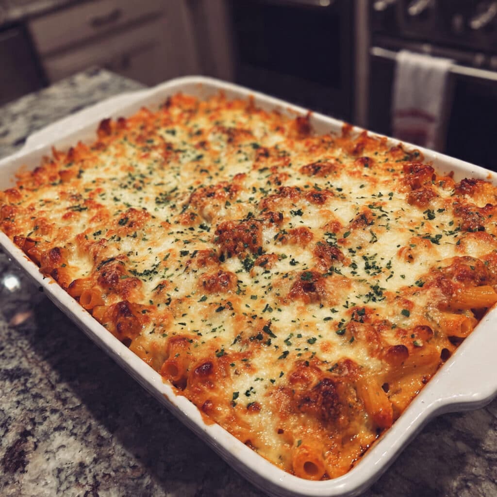 Loaded Veggie Baked Ziti—creamy, cheesy, and packed with fresh vegetables like zucchini, mushrooms, spinach, and bell peppers.