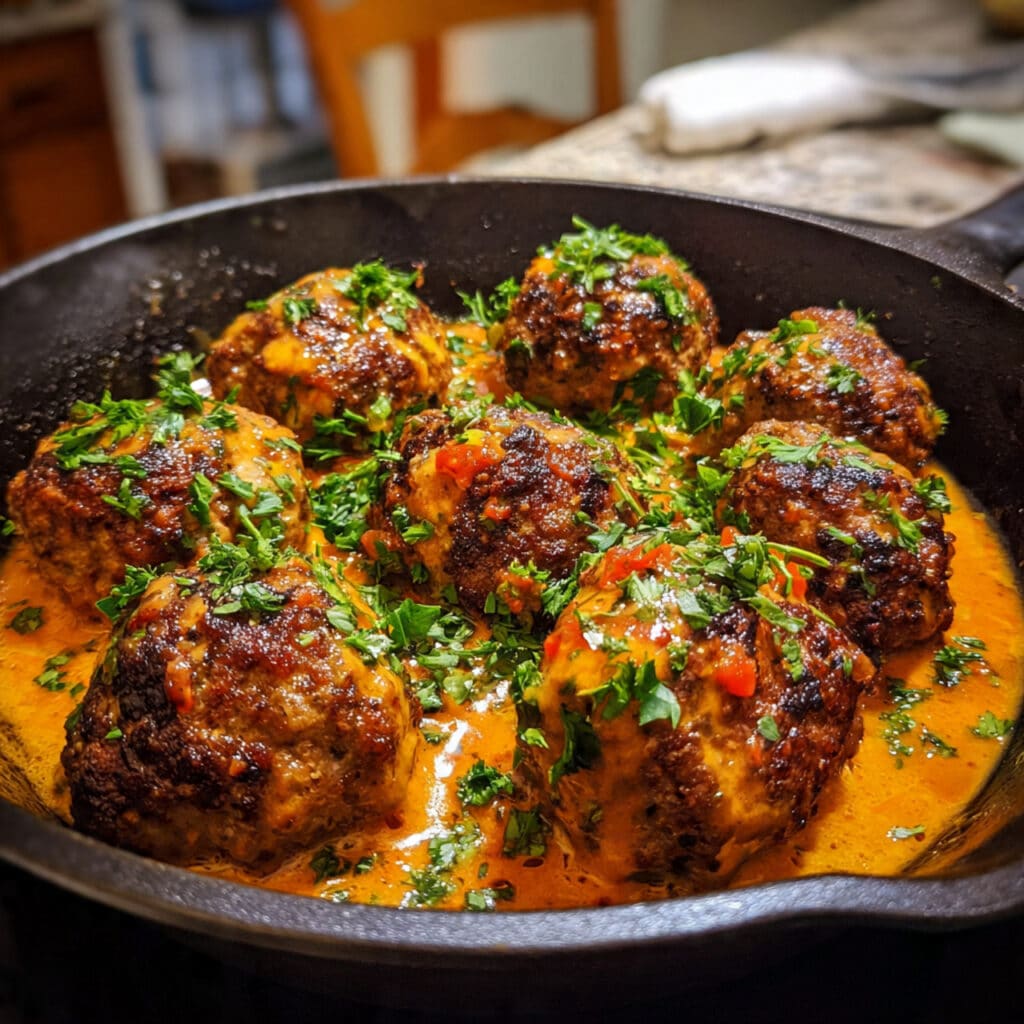 Ground turkey meatballs baked until golden and served with fresh herbs.