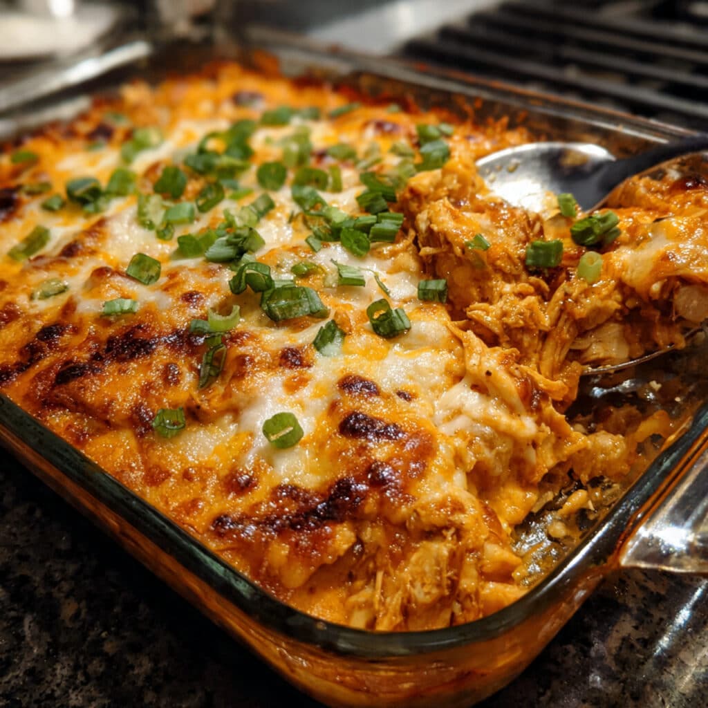 Layered chicken enchilada casserole in a white baking dish with melted cheese, fresh cilantro, diced tomatoes, and avocado on top, served with sour cream and tortilla chips on the side