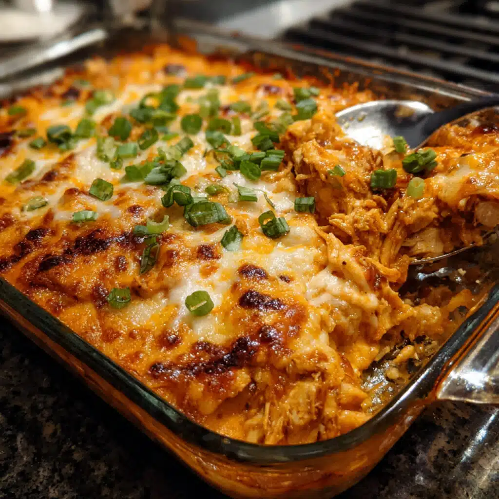 Layered chicken enchilada casserole in a white baking dish with melted cheese, fresh cilantro, diced tomatoes, and avocado on top, served with sour cream and tortilla chips on the side