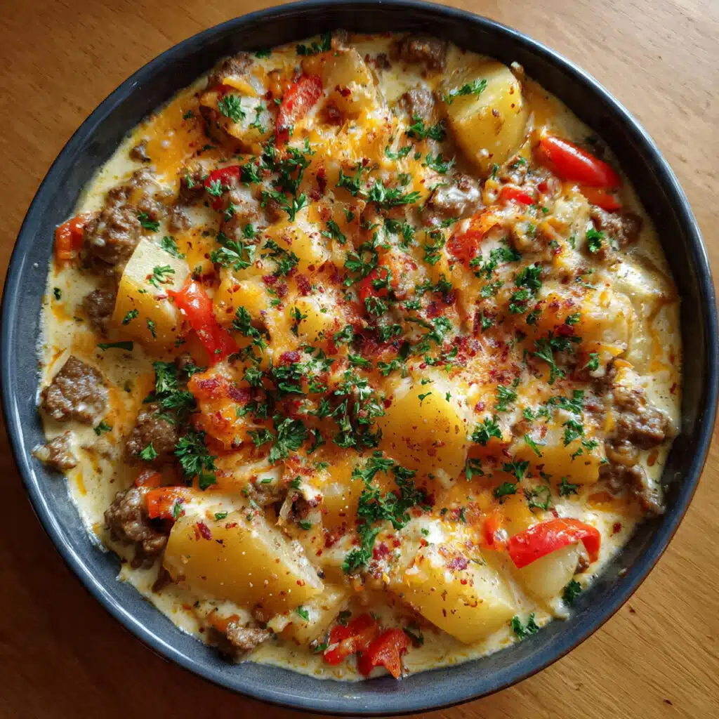 Cheesy One Pot Beef and Potatoes is a hearty, family-friendly skillet meal featuring golden-brown potato slices, seasoned ground beef, sweet peppers, and melted cheddar cheese