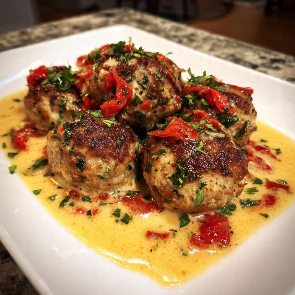 Ground turkey meatballs baked until golden and served with fresh herbs.