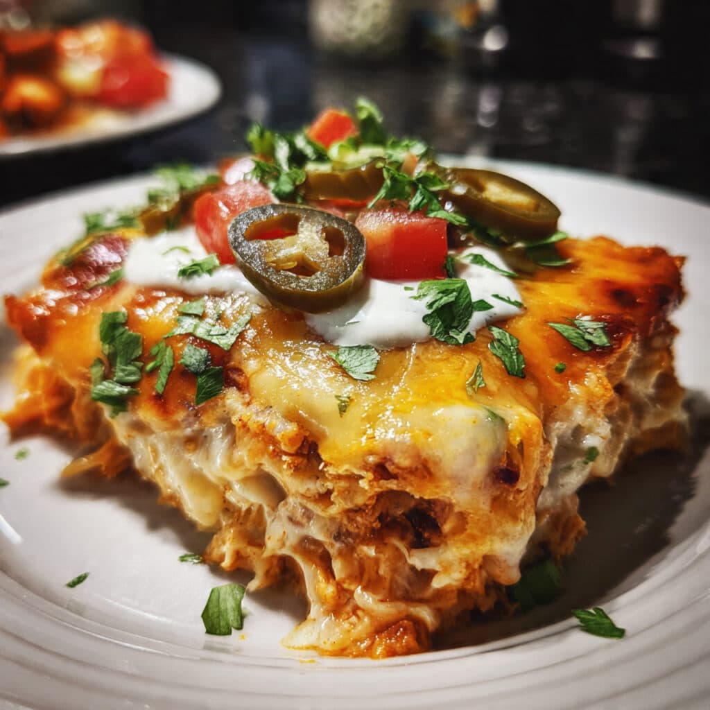 Layered chicken enchilada casserole in a white baking dish with melted cheese, fresh cilantro, diced tomatoes, and avocado on top, served with sour cream and tortilla chips on the side