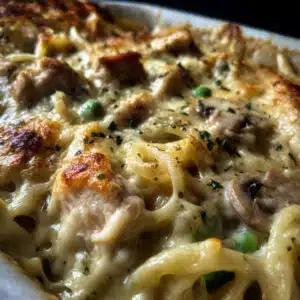 Creamy chicken tetrazzini casserole with melted golden mozzarella cheese on top, served in a white casserole dish with fresh parsley garnish