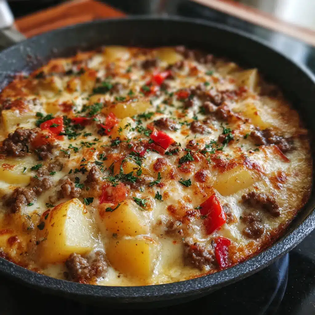 Cheesy One Pot Beef and Potatoes is a hearty, family-friendly skillet meal featuring golden-brown potato slices, seasoned ground beef, sweet peppers, and melted cheddar cheese