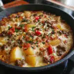 Cheesy One Pot Beef and Potatoes is a hearty, family-friendly skillet meal featuring golden-brown potato slices, seasoned ground beef, sweet peppers, and melted cheddar cheese