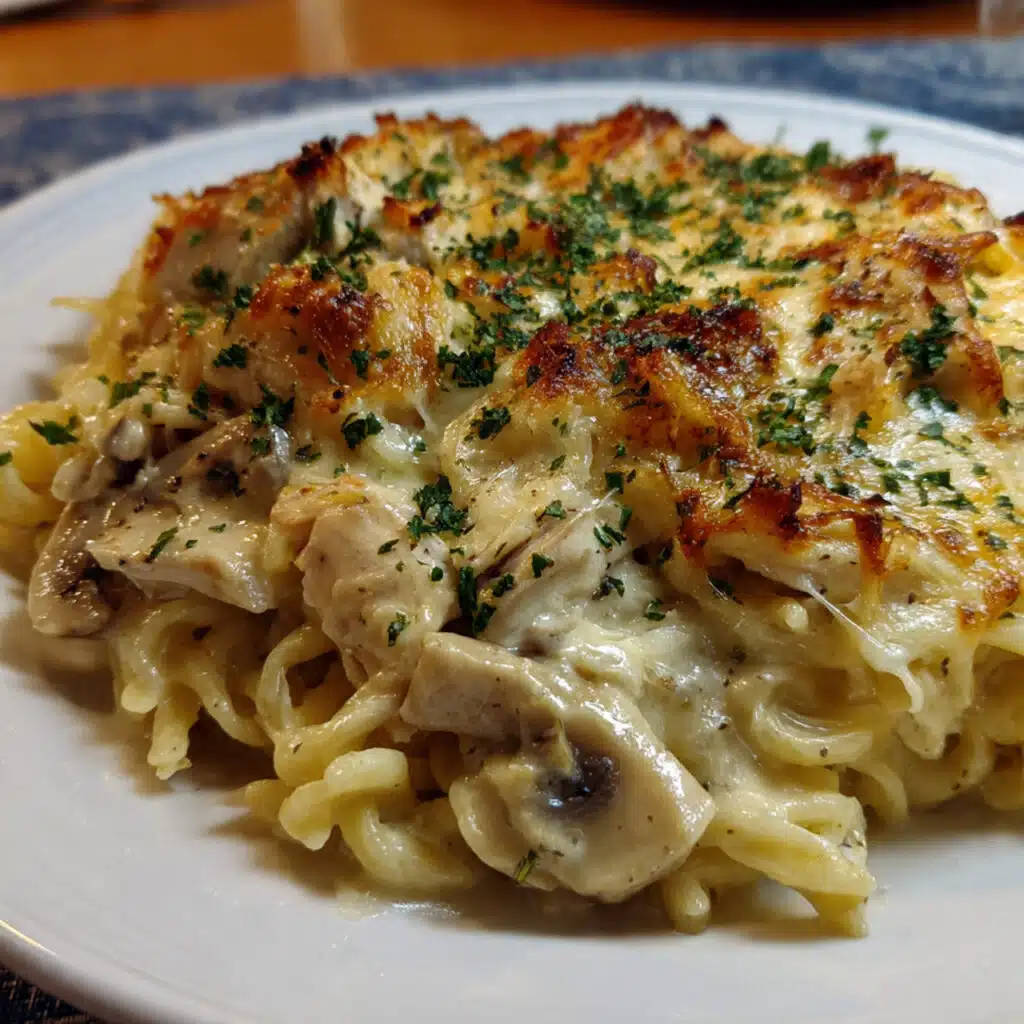 Creamy chicken tetrazzini casserole with melted golden mozzarella cheese on top, served in a white casserole dish with fresh parsley garnish
