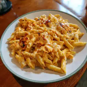 Buffalo Chicken Pasta coated in creamy buffalo sauce and topped with cheese and green onions.
