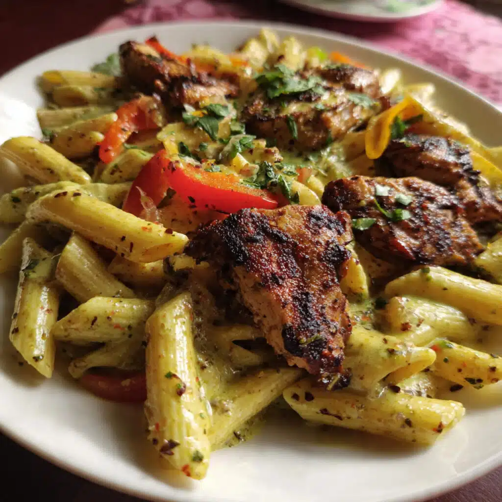 Creamy Rasta Pasta with jerk chicken featuring colorful red, yellow, and green bell peppers tossed with penne pasta in a rich Parmesan cream sauce, garnished with fresh scallions