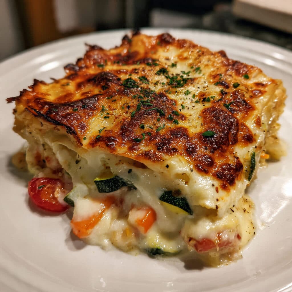 Loaded Veggie White Lasagna is creamy, comforting, and packed with wholesome vegetables! Made with a dreamy homemade béchamel sauce, broccoli, mushrooms, zucchini, spinach, navy beans, and three types of cheese.