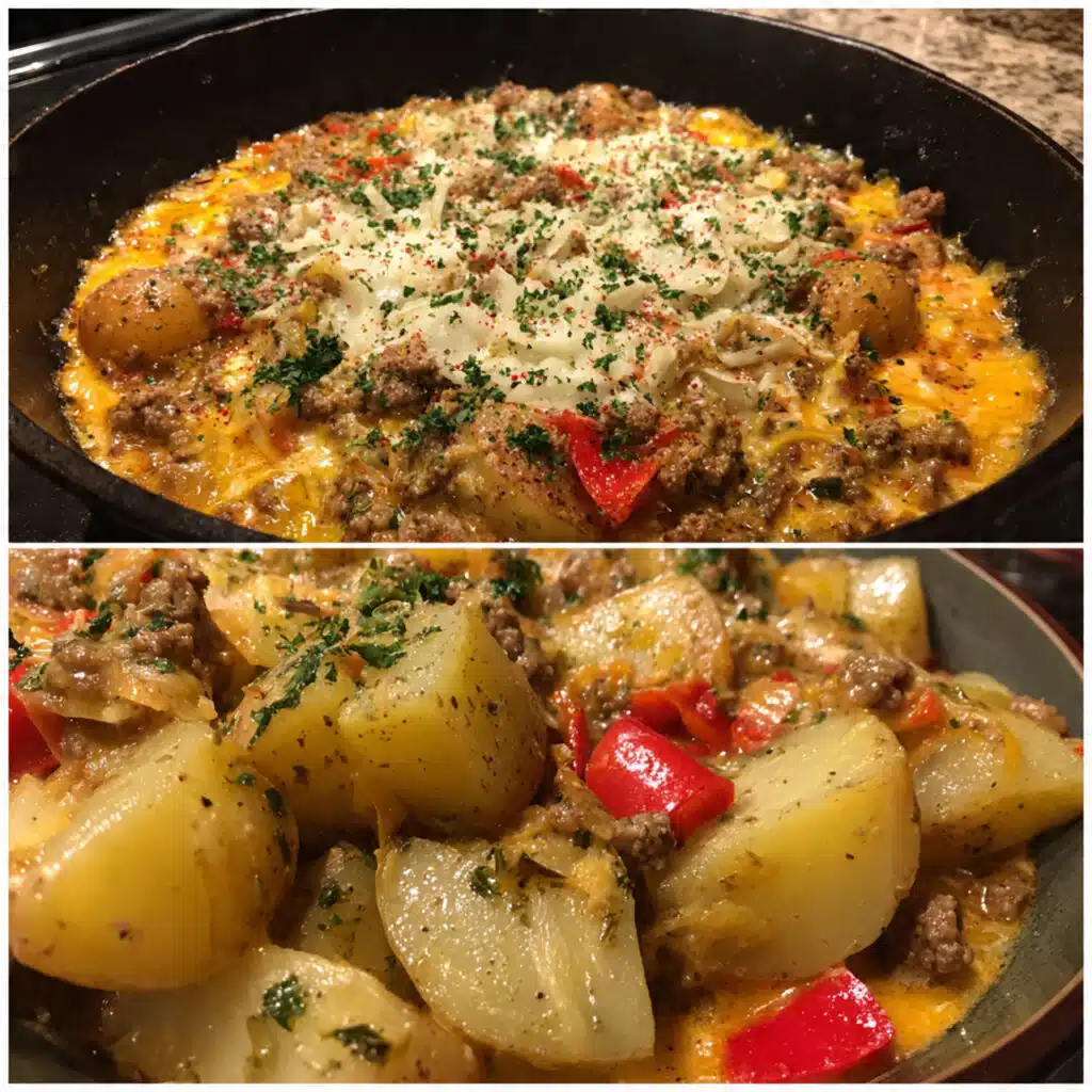 Cheesy One Pot Beef and Potatoes is a hearty, family-friendly skillet meal featuring golden-brown potato slices, seasoned ground beef, sweet peppers, and melted cheddar cheese