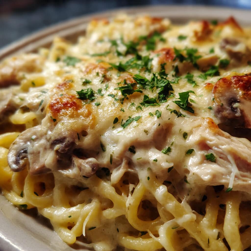 Creamy chicken tetrazzini casserole with melted golden mozzarella cheese on top, served in a white casserole dish with fresh parsley garnish