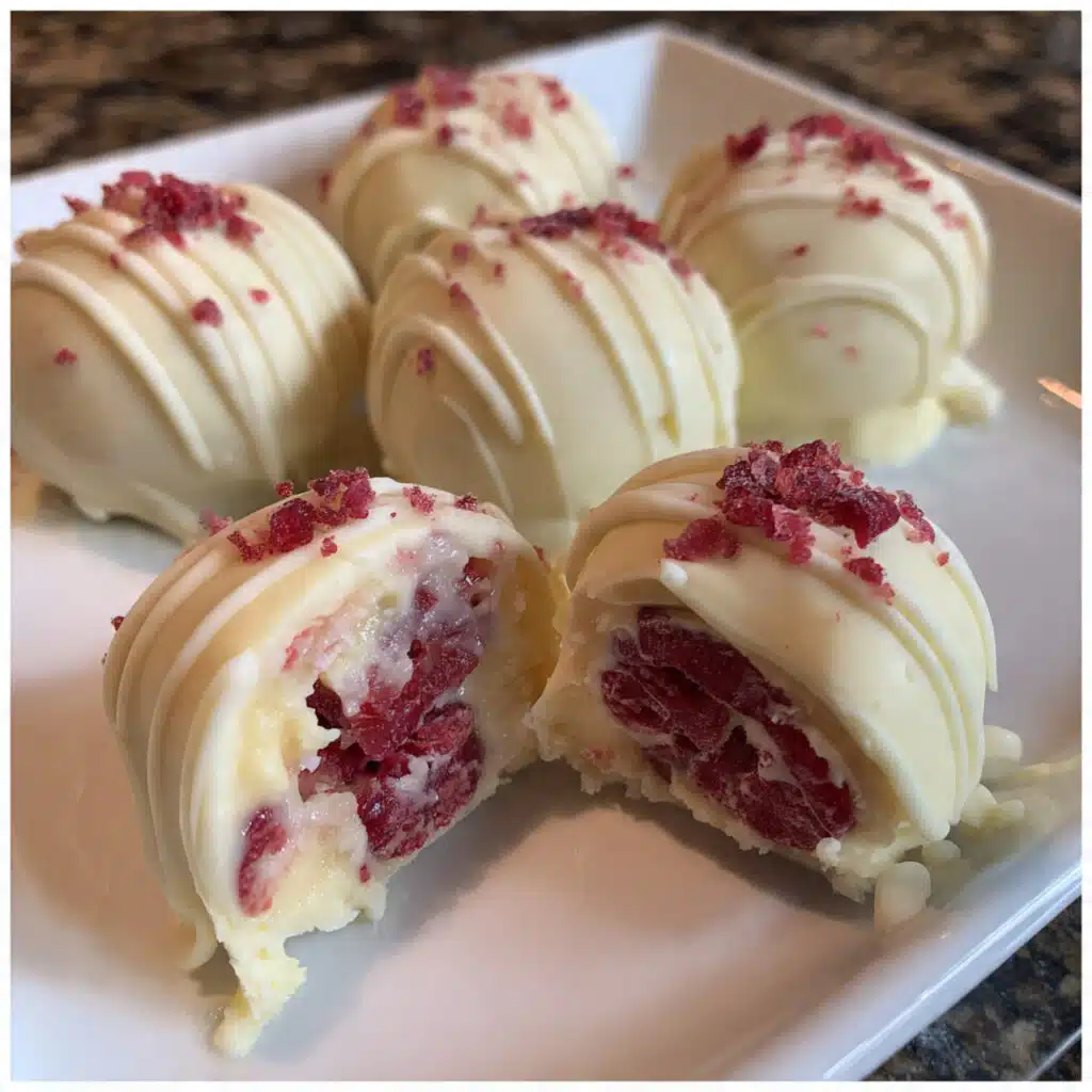 Pink white chocolate raspberry truffles coated in powdered sugar arranged on white surface