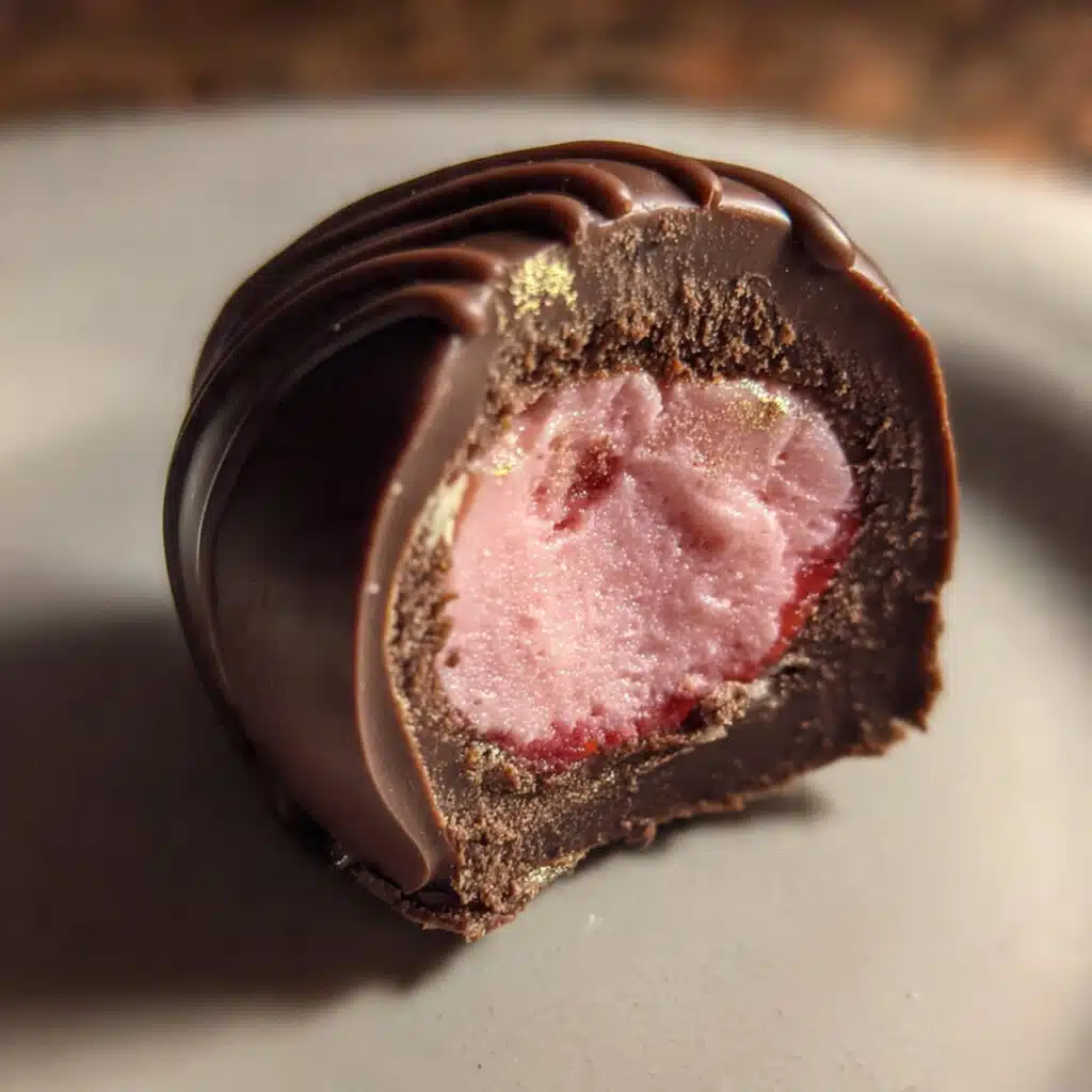 Raspberry Chocolate Truffles 8 raspberry chocolate truffles with pink raspberry powder dusted on top of dark chocolate coating, arranged on parchment paper