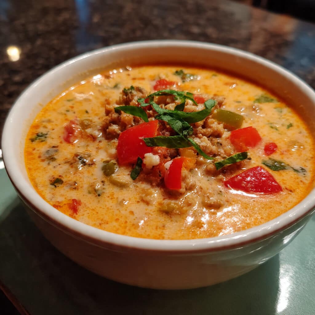 Bowl of stuffed bell pepper soup with ground turkey, colorful bell peppers, white rice, and fresh parsley garnish