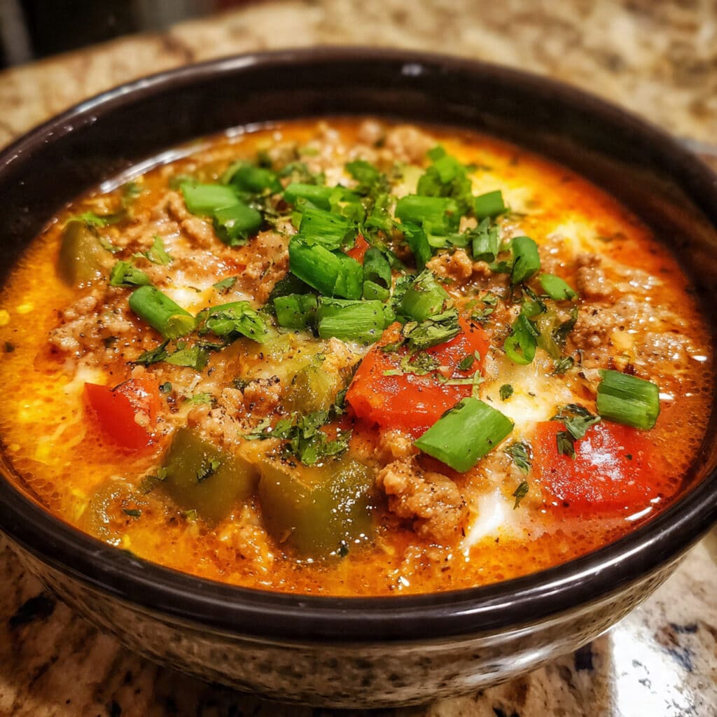 Bowl of stuffed bell pepper soup with ground turkey, colorful bell peppers, white rice, and fresh parsley garnish