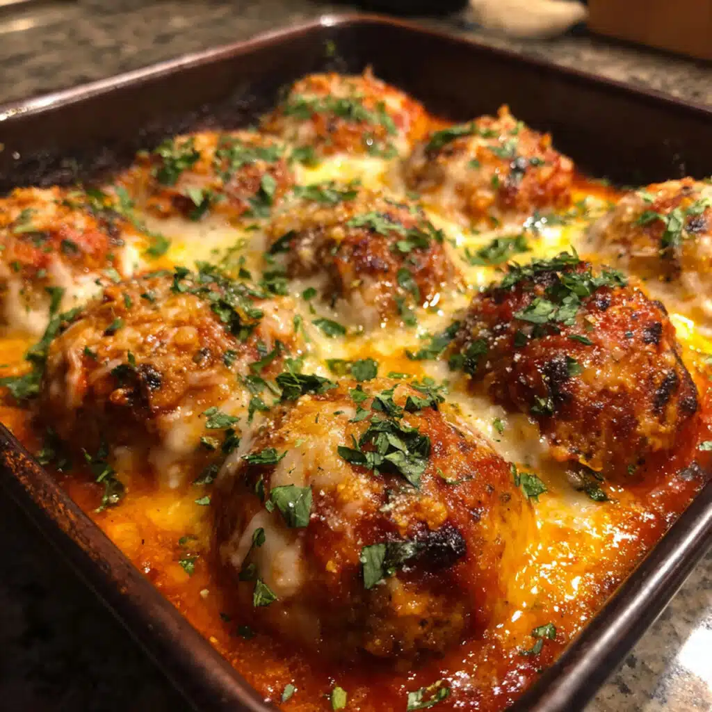 Golden baked chicken parmesan meatballs in a cast iron skillet topped with melted mozzarella and parmesan cheese in bubbling marinara sauce