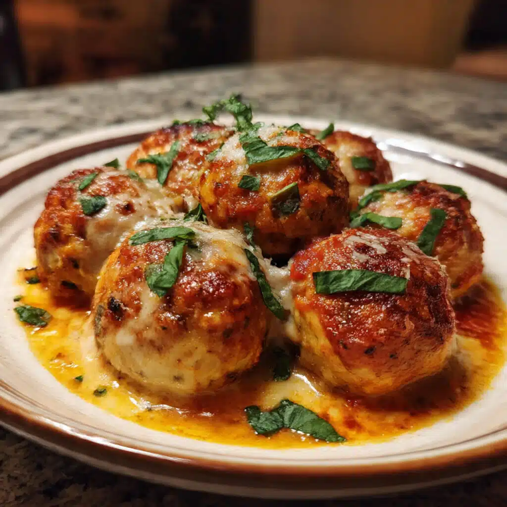 Golden baked chicken parmesan meatballs in a cast iron skillet topped with melted mozzarella and parmesan cheese in bubbling marinara sauce