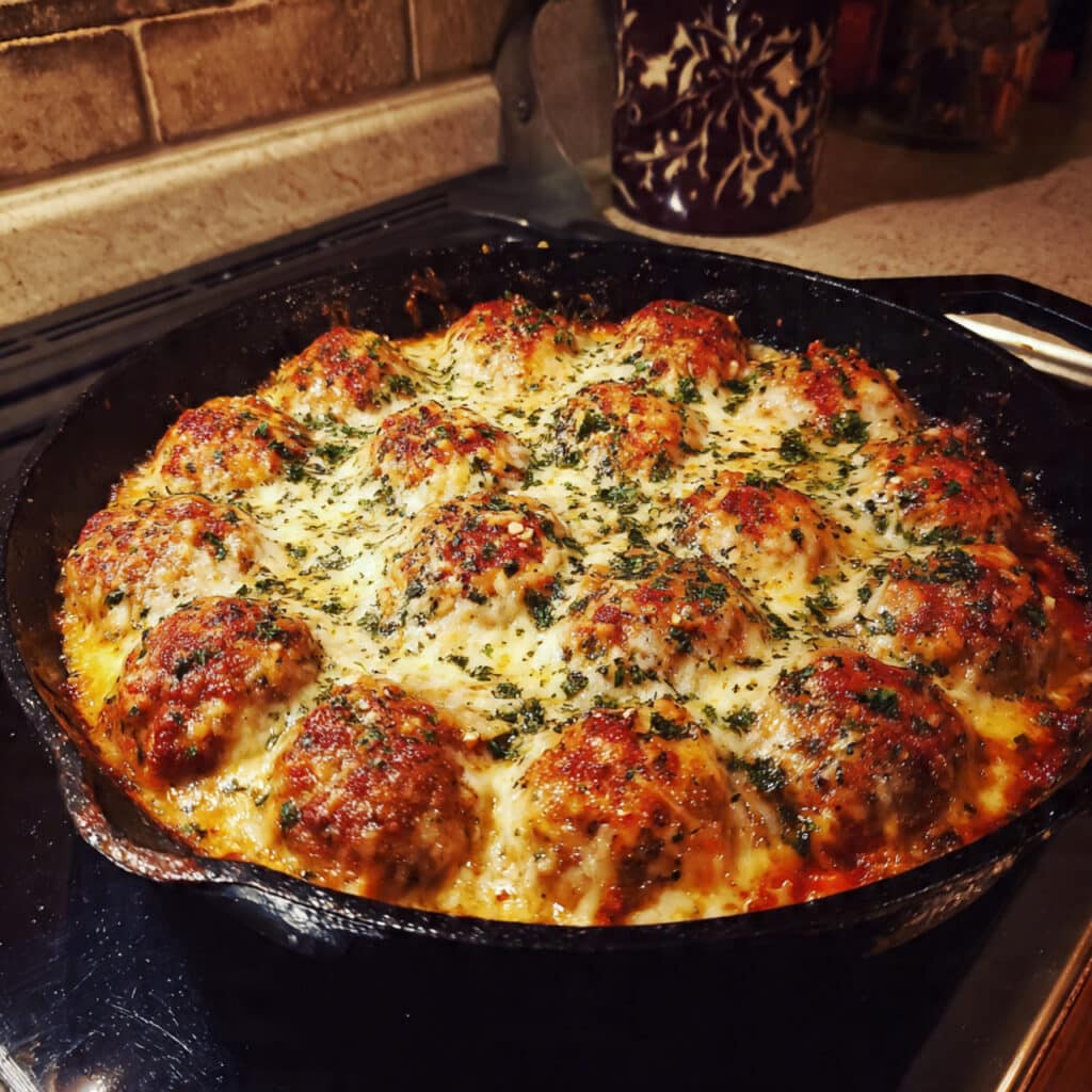 Golden baked chicken parmesan meatballs in a cast iron skillet topped with melted mozzarella and parmesan cheese in bubbling marinara sauce