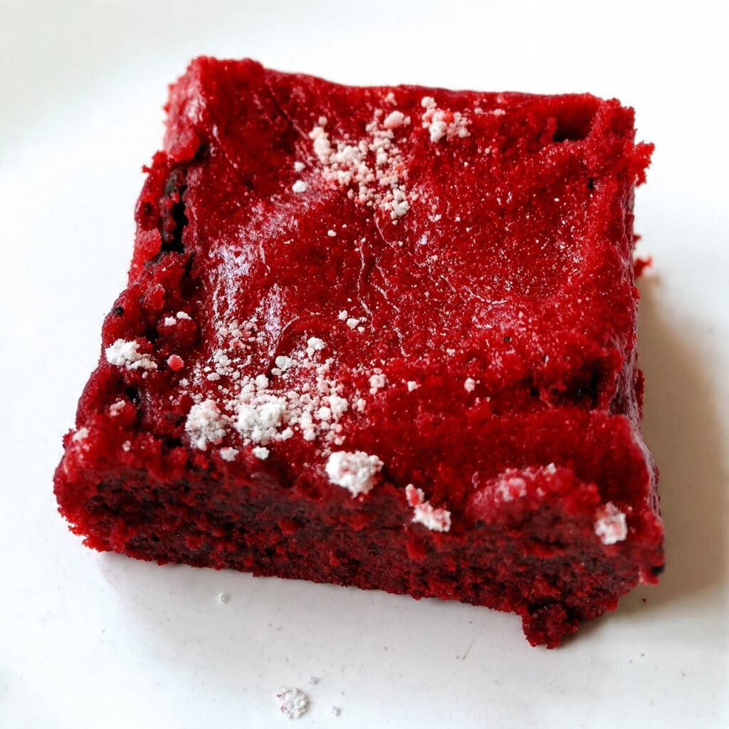 Soft and gooey red velvet cookie bars with white chocolate chips and chocolate chips, cut into squares and displayed on a white plate,