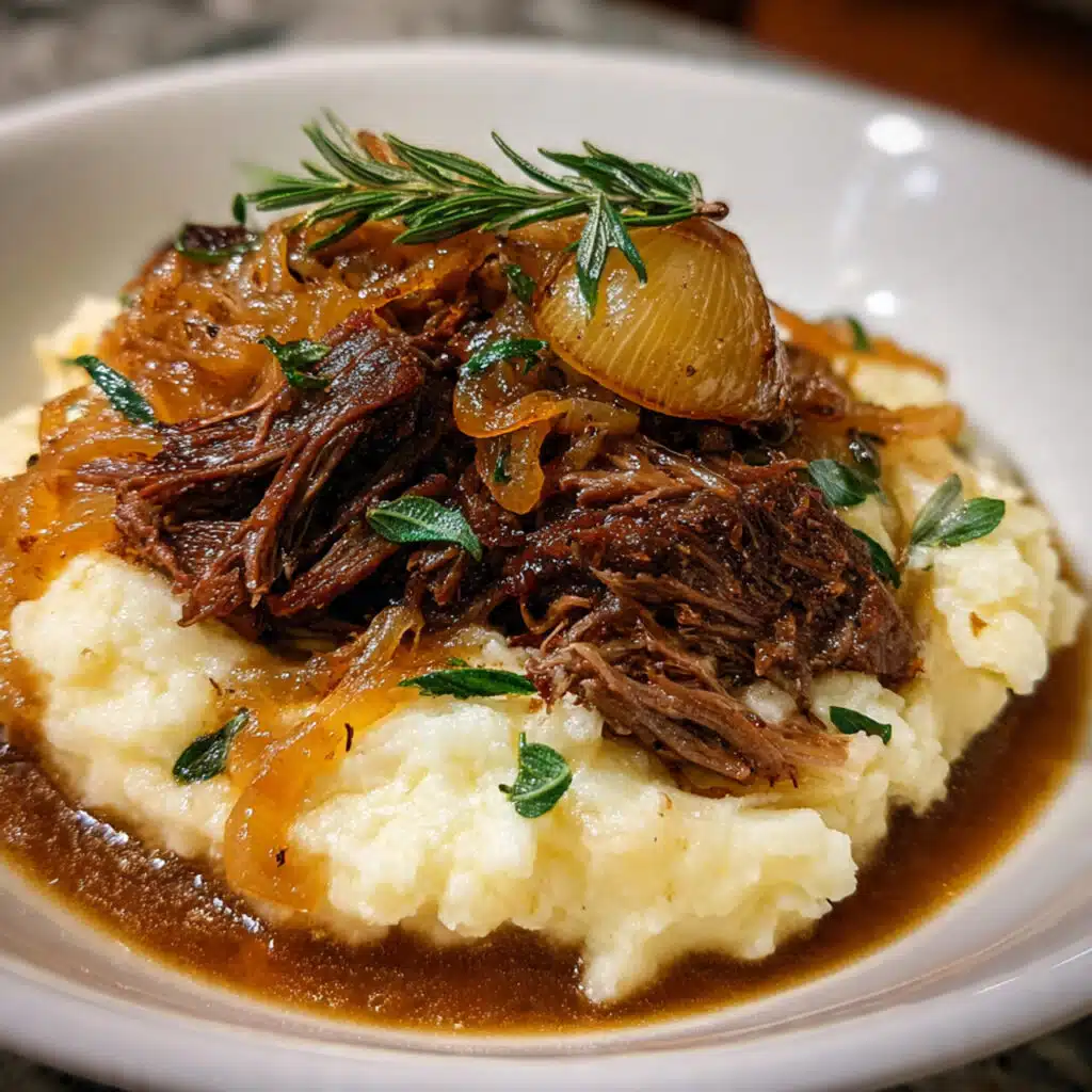 Tender slow cooker French onion pot roast with caramelized onions and rich brown gravy on a white serving platter