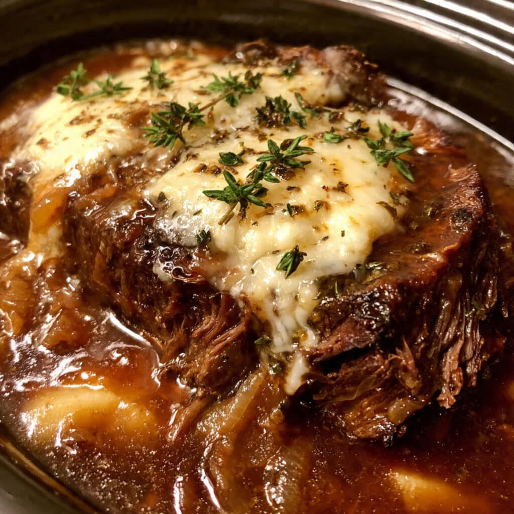 Tender slow cooker French onion pot roast with caramelized onions and rich brown gravy on a white serving platter