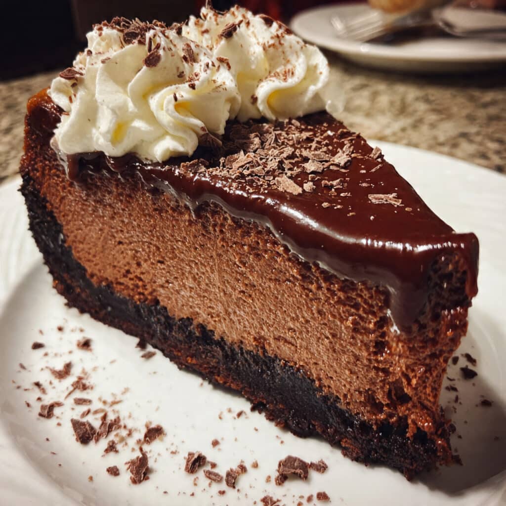 A rich and creamy Nutella cheesecake topped with glossy chocolate ganache and chopped hazelnuts, sitting on a buttery cookie crust.