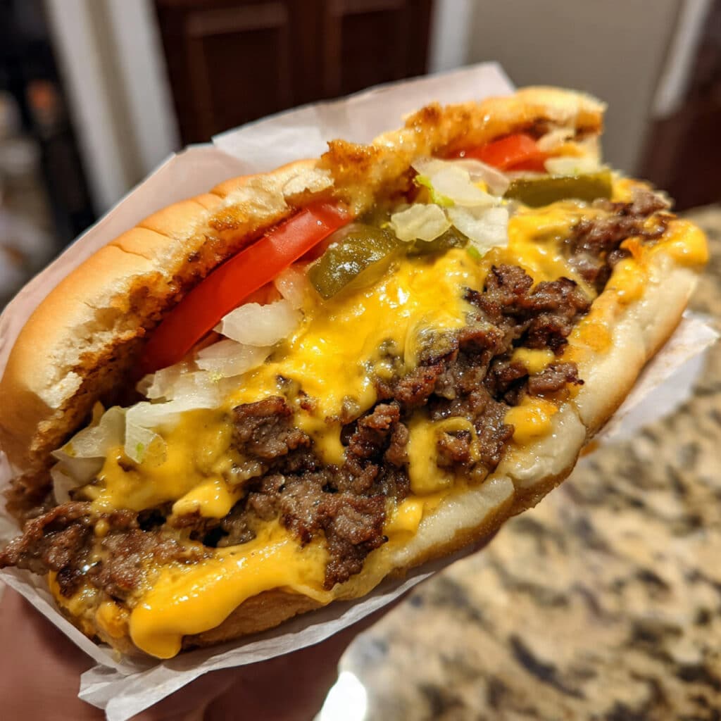 A chopped cheese sandwich filled with sizzling ground beef, melted cheese, lettuce, tomato, and onions, served on a toasted hero roll.