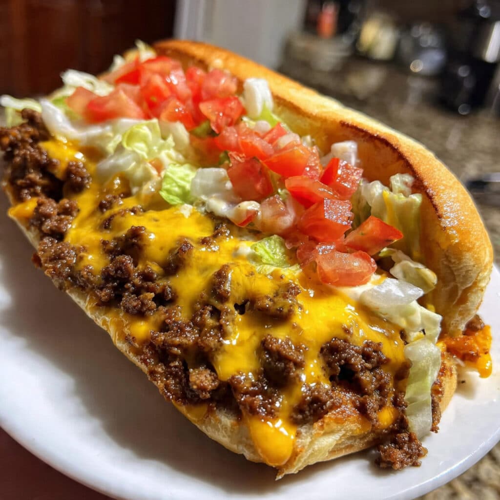 A chopped cheese sandwich filled with sizzling ground beef, melted cheese, lettuce, tomato, and onions, served on a toasted hero roll.
