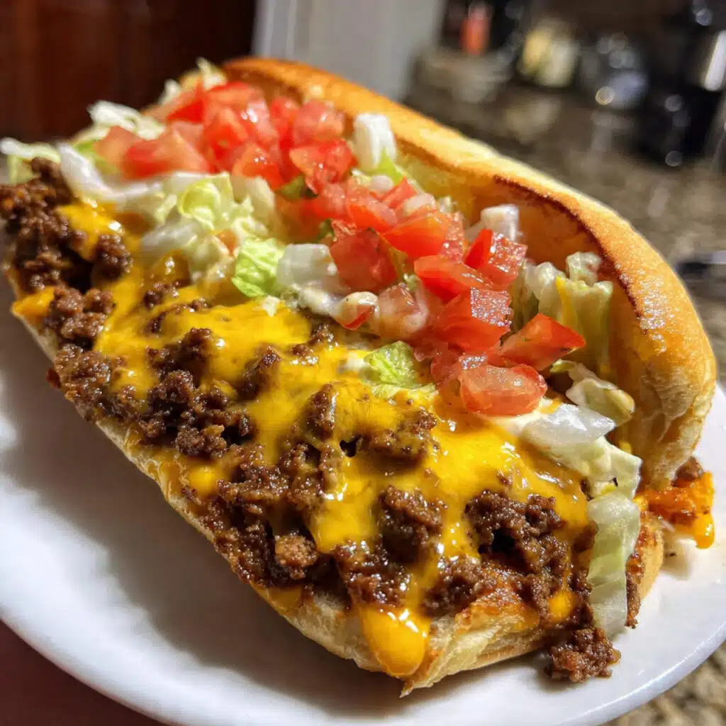 A chopped cheese sandwich filled with sizzling ground beef, melted cheese, lettuce, tomato, and onions, served on a toasted hero roll.