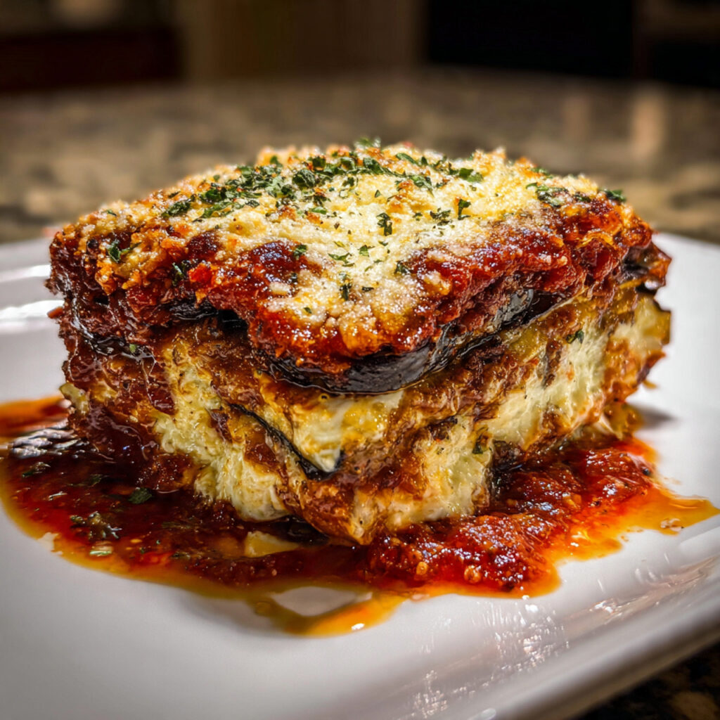 The Best Eggplant Lasagna 8 Slice of eggplant lasagna on a white plate showing layers of roasted eggplant, creamy ricotta-spinach filling, mushroom marinara sauce, and melted mozzarella cheese, garnished with fresh basil