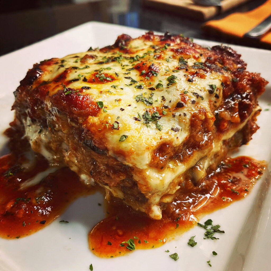 Slice of eggplant lasagna on a white plate showing layers of roasted eggplant, creamy ricotta-spinach filling, mushroom marinara sauce, and melted mozzarella cheese, garnished with fresh basil