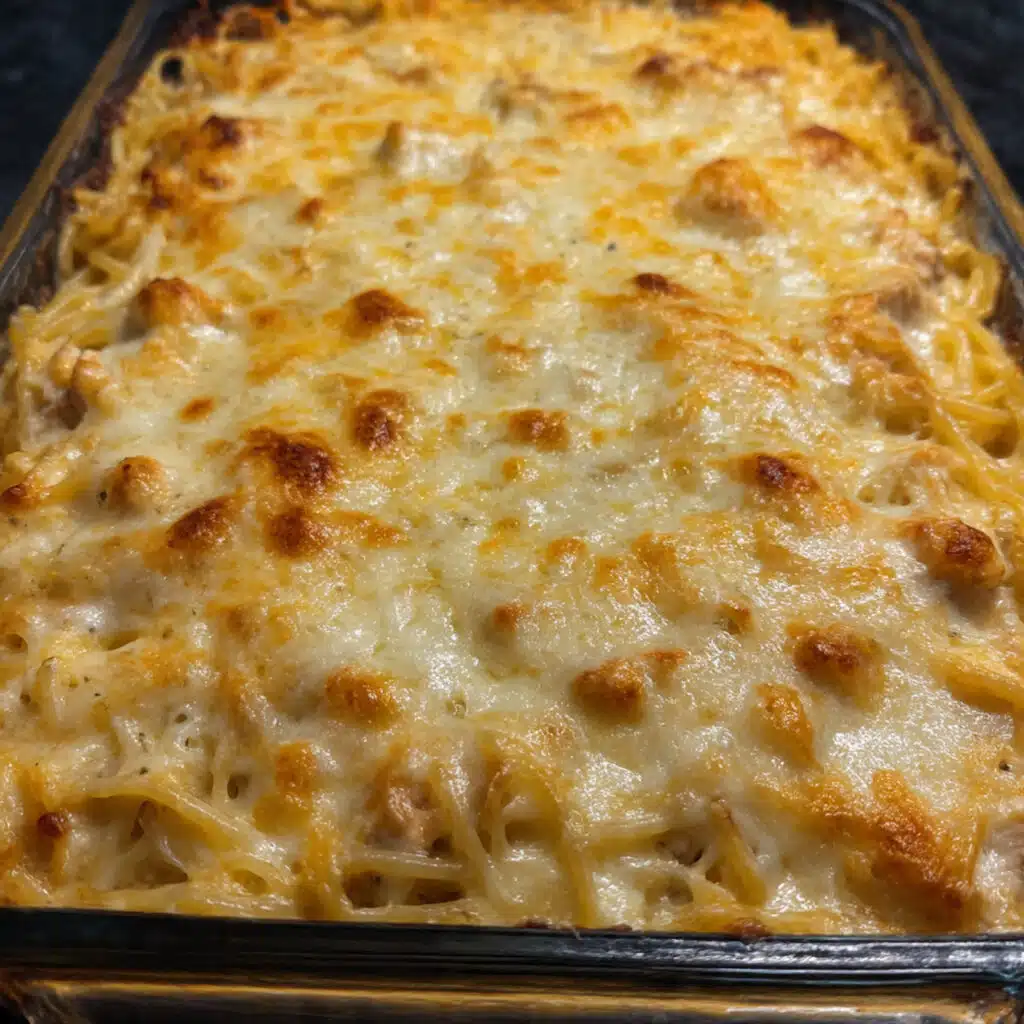 golden casserole of chicken spaghetti with melted sharp cheddar cheese on top, fresh from the oven in a rectangular baking dish