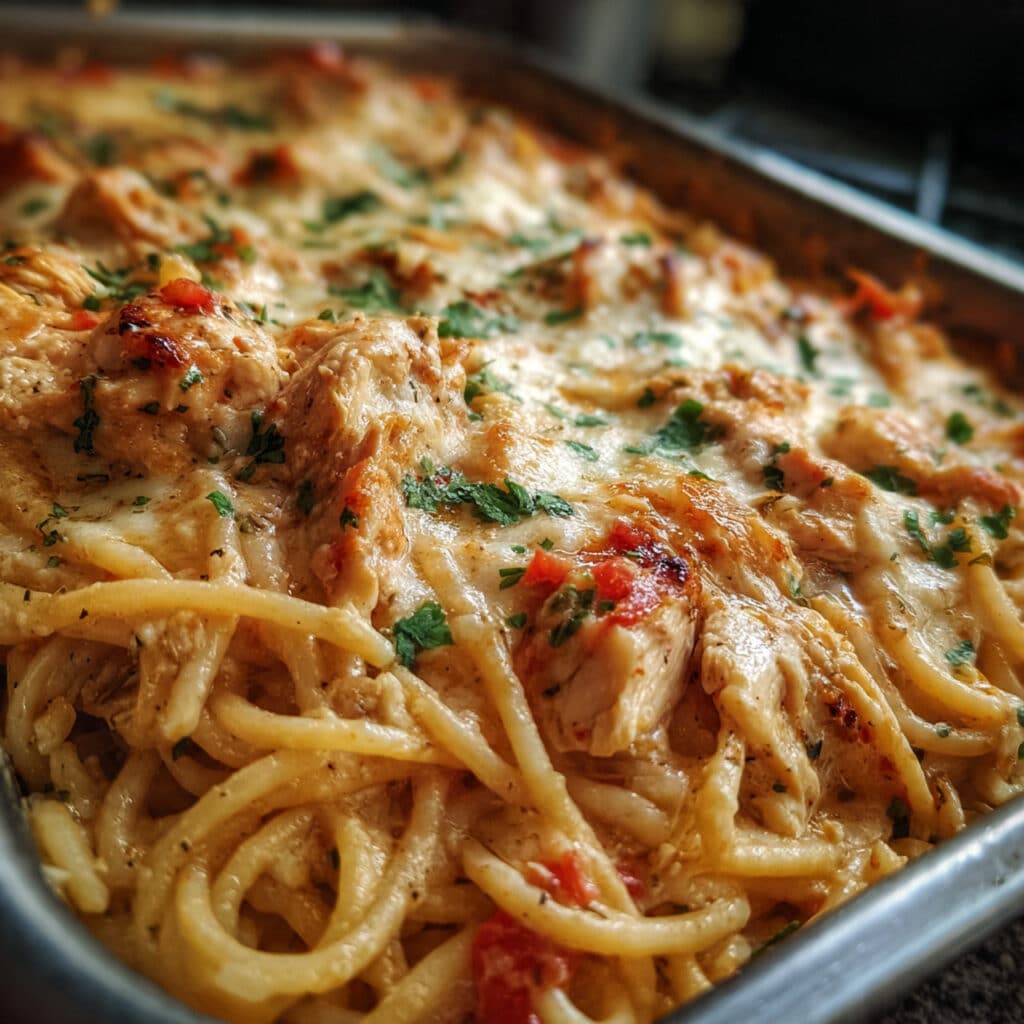 Chicken Spaghetti with Rotel 4 Creamy chicken spaghetti casserole with Rotel in a white baking dish, topped with melted golden cheddar cheese and served with a wooden spoon