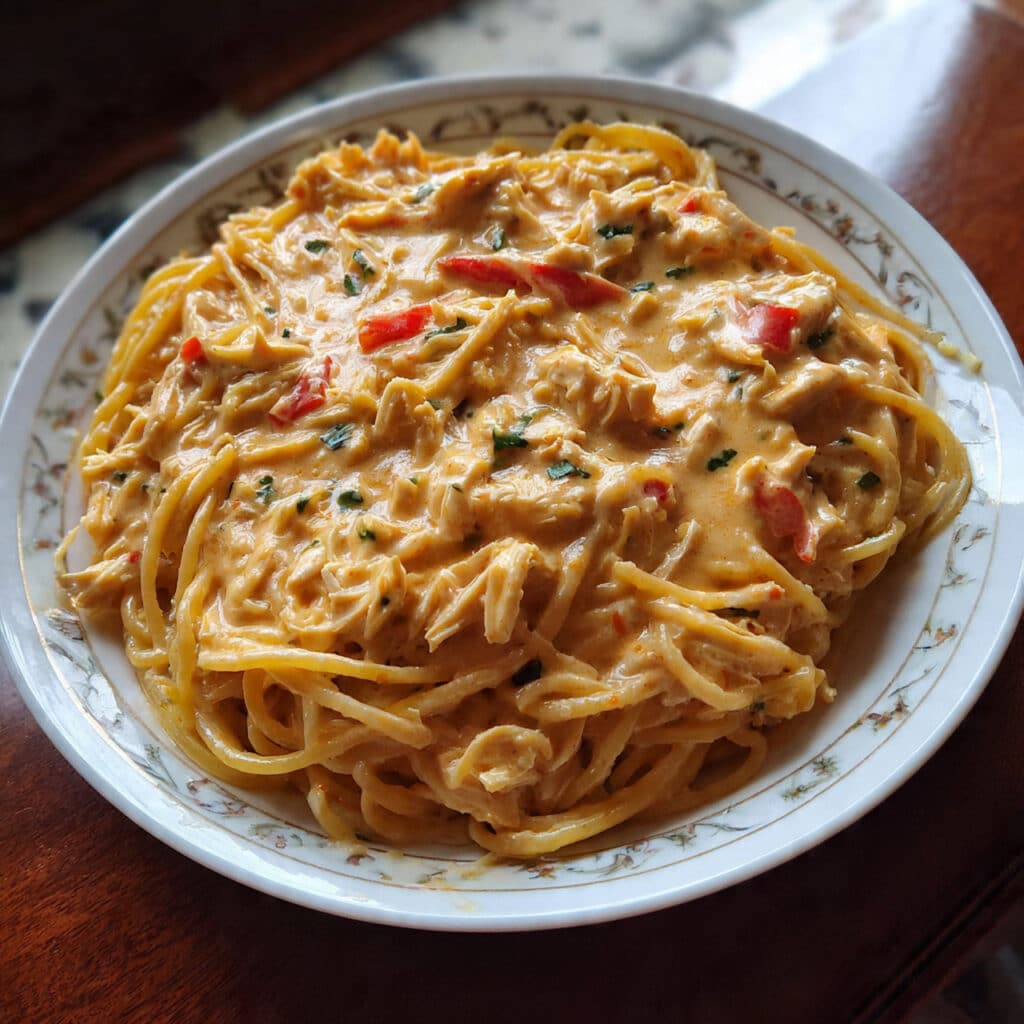 Chicken Spaghetti with Rotel 6 Creamy chicken spaghetti casserole with Rotel in a white baking dish, topped with melted golden cheddar cheese and served with a wooden spoon