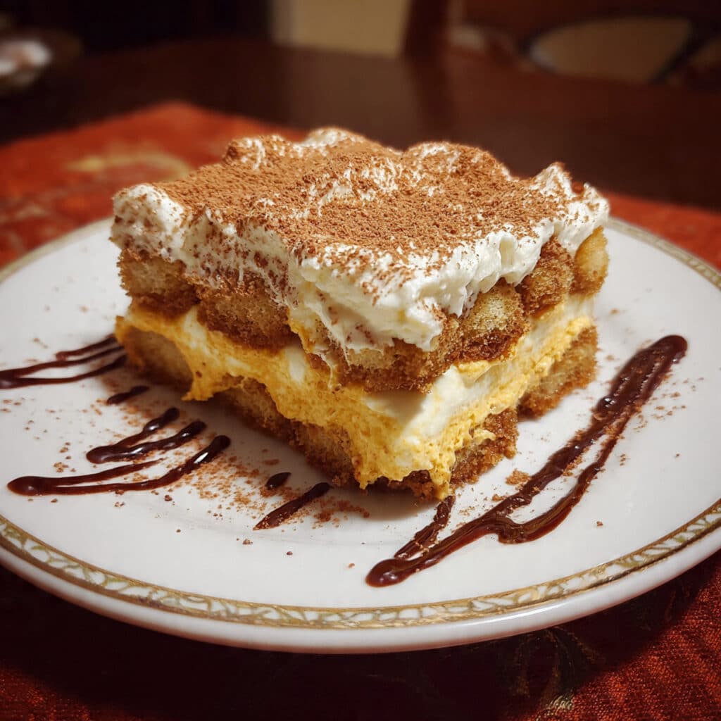 Layered pumpkin tiramisu dessert in a glass baking dish with coffee-soaked ladyfingers and creamy pumpkin mascarpone filling dusted with pumpkin spice
