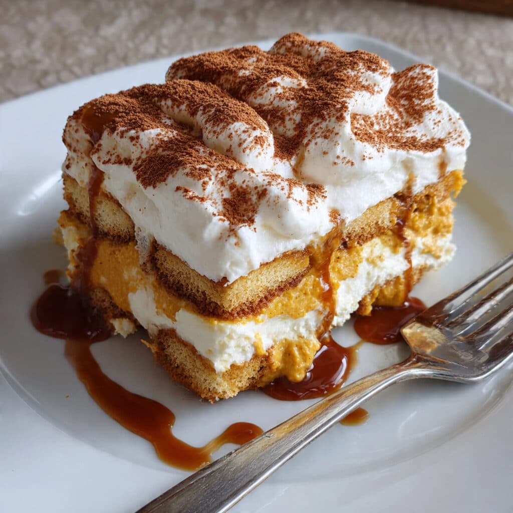 Layered pumpkin tiramisu dessert in a glass baking dish with coffee-soaked ladyfingers and creamy pumpkin mascarpone filling dusted with pumpkin spice