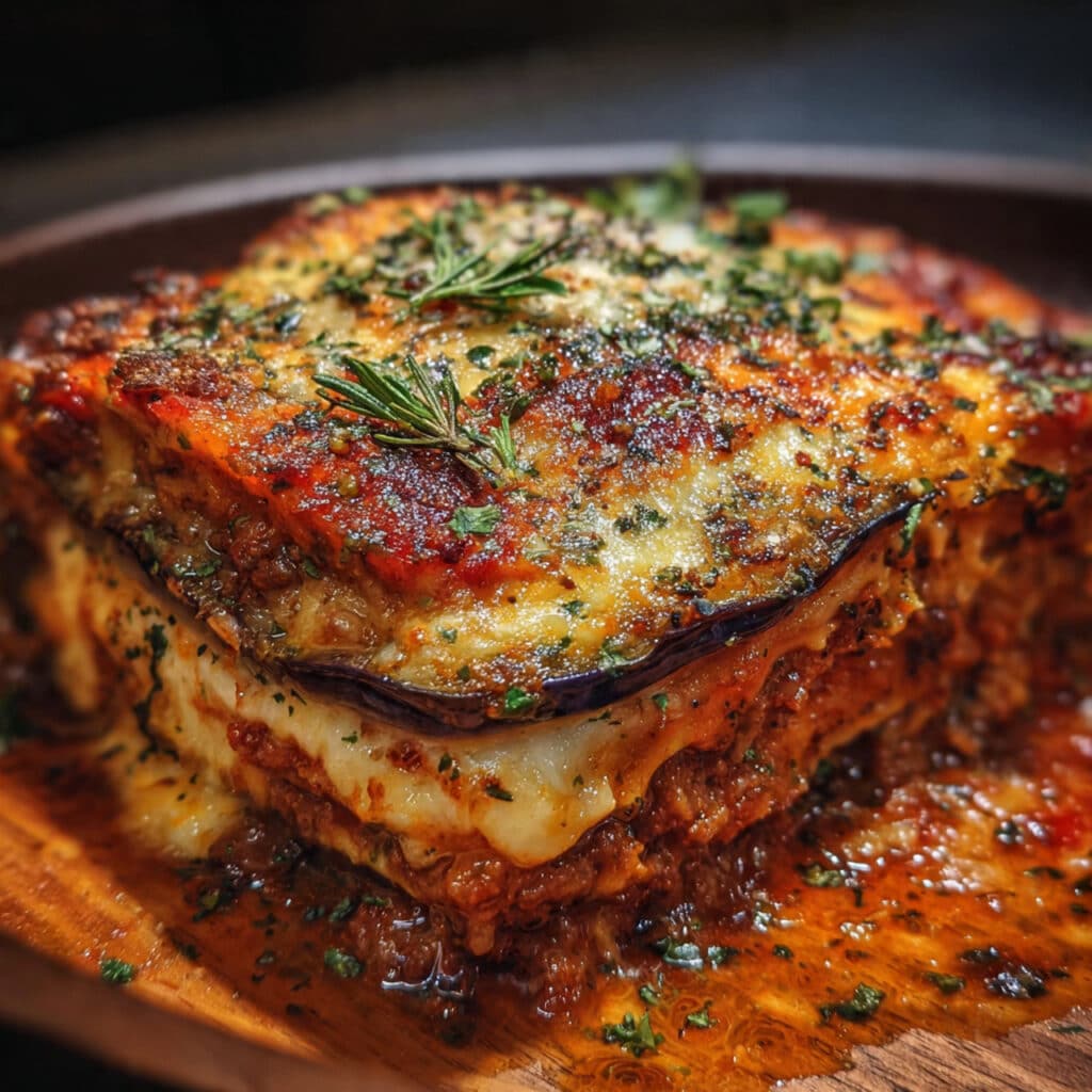 A slice of eggplant lasagna with meat being lifted from a baking dish, showing layers of roasted eggplant, rich meat sauce, creamy ricotta, and melted mozzarella cheese