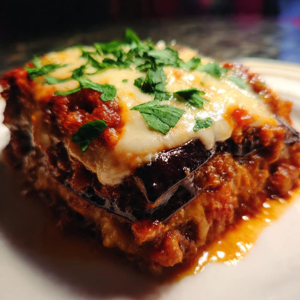 A slice of eggplant lasagna with meat being lifted from a baking dish, showing layers of roasted eggplant, rich meat sauce, creamy ricotta, and melted mozzarella cheese
