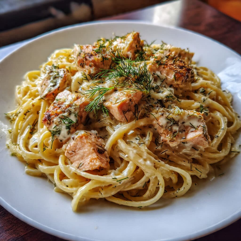 Creamy lemon dill salmon pasta with flaky chunks of salmon and fresh dill in a skillet