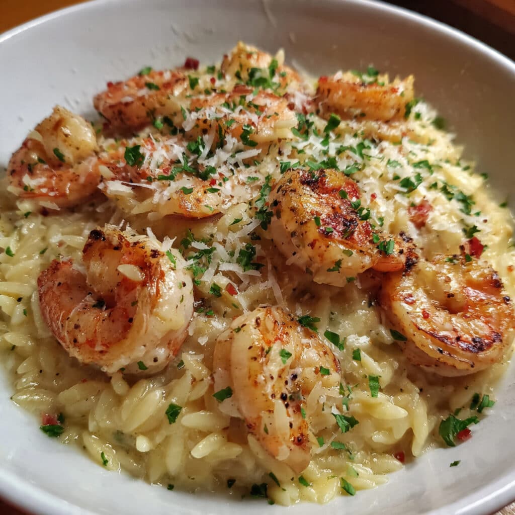 A large skillet filled with creamy shrimp scampi orzo, featuring pink shrimp, tender orzo pasta in a buttery garlic sauce, garnished with fresh herbs and lemon wedges