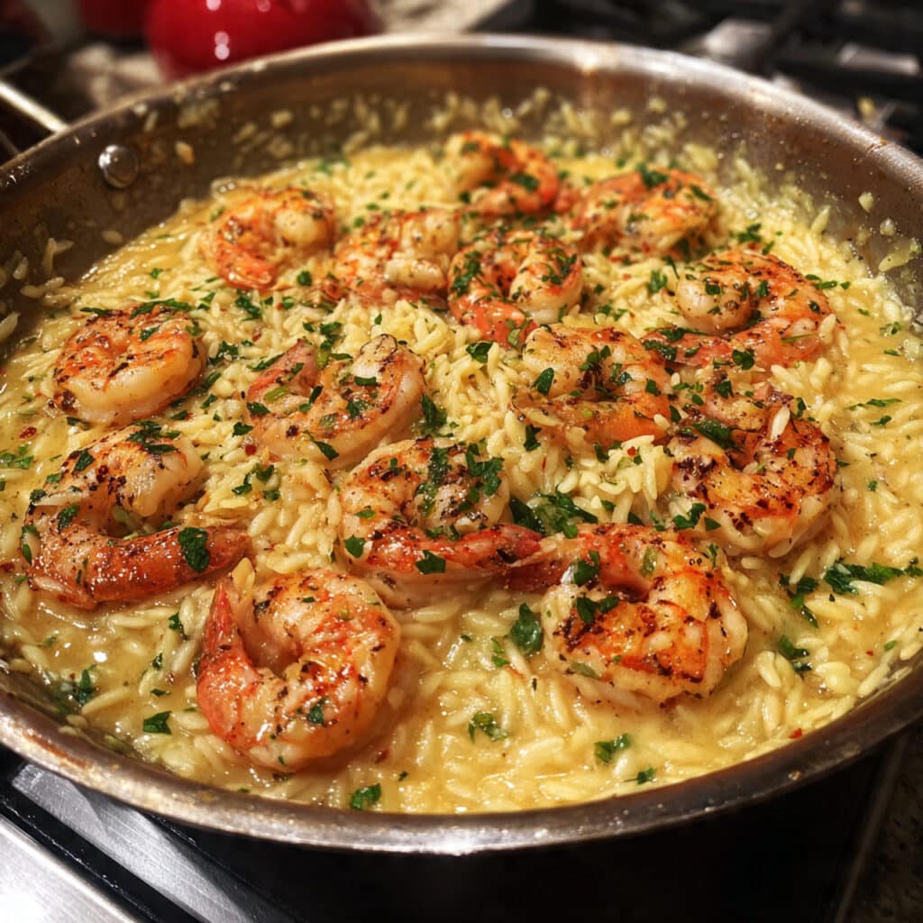 A large skillet filled with creamy shrimp scampi orzo, featuring pink shrimp, tender orzo pasta in a buttery garlic sauce, garnished with fresh herbs and lemon wedges