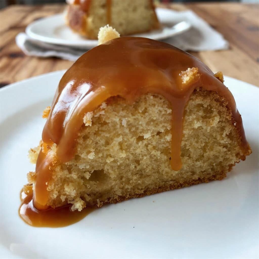 Salted Caramel Kentucky Butter Cake is soaked with buttery caramel syrup and topped with a glossy salted caramel glaze