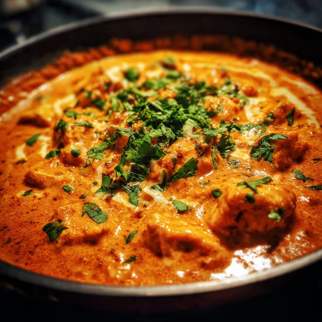 Bowl of creamy Indian butter chicken with tender chicken pieces in thick orange-red sauce over white rice, garnished with fresh cilantro leaves